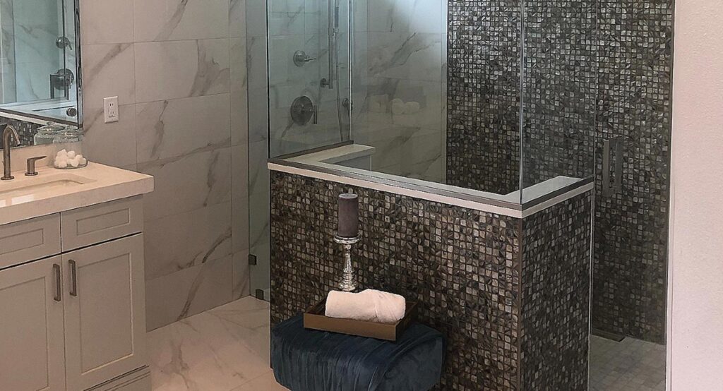 gray small tiles bathroom remodeling