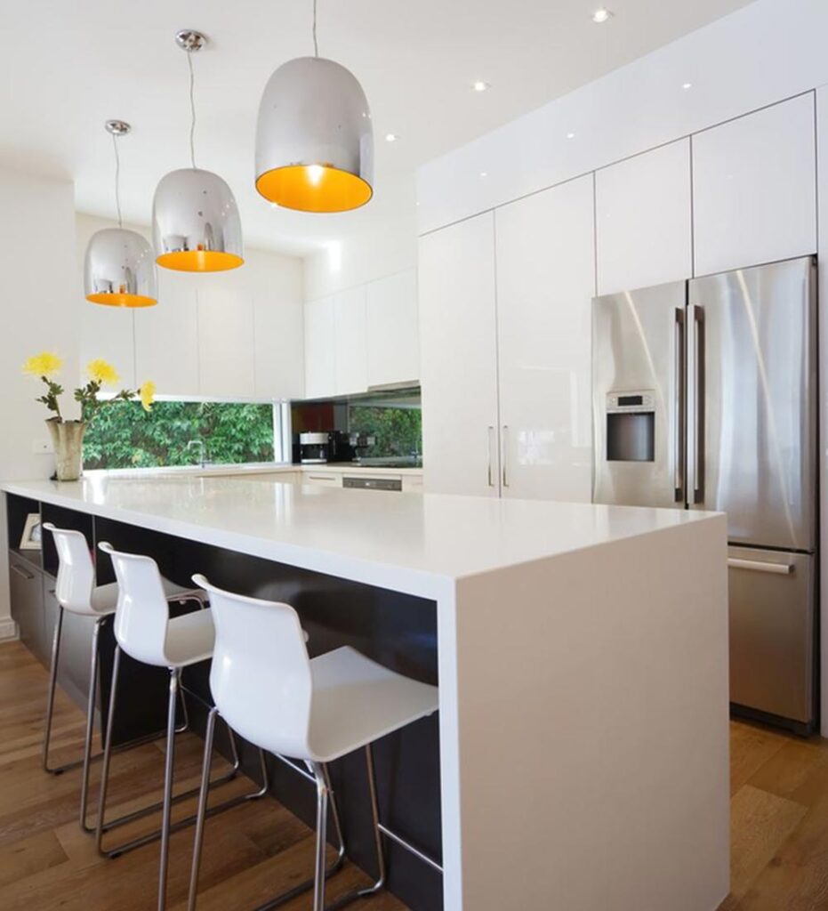 modern kitchen remodel white quartz countertop island glossy white kitchen cabinets