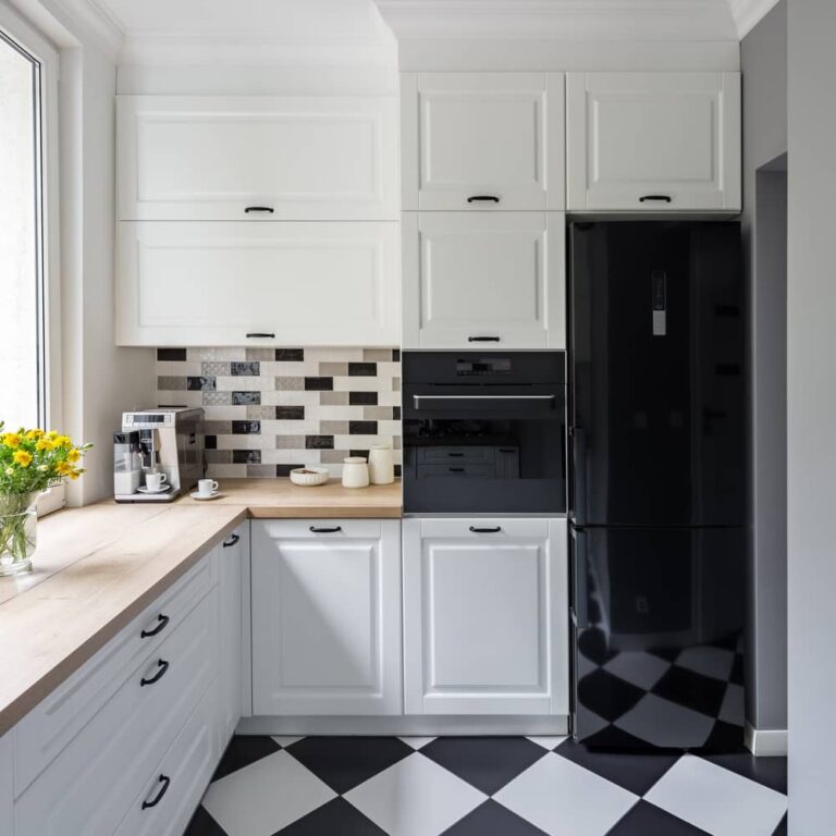 small white kitchen design modern chess flooring