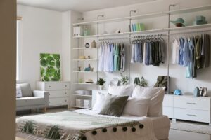 concept of walk-in closet behind the bed