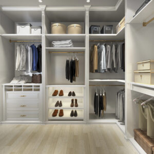 Custom Closet Dimensions Guide with Shelves and Drawers White custom walk-in closet with hanging rods, drawers, shelves, and organized shoe storage for a closet dimensions guide