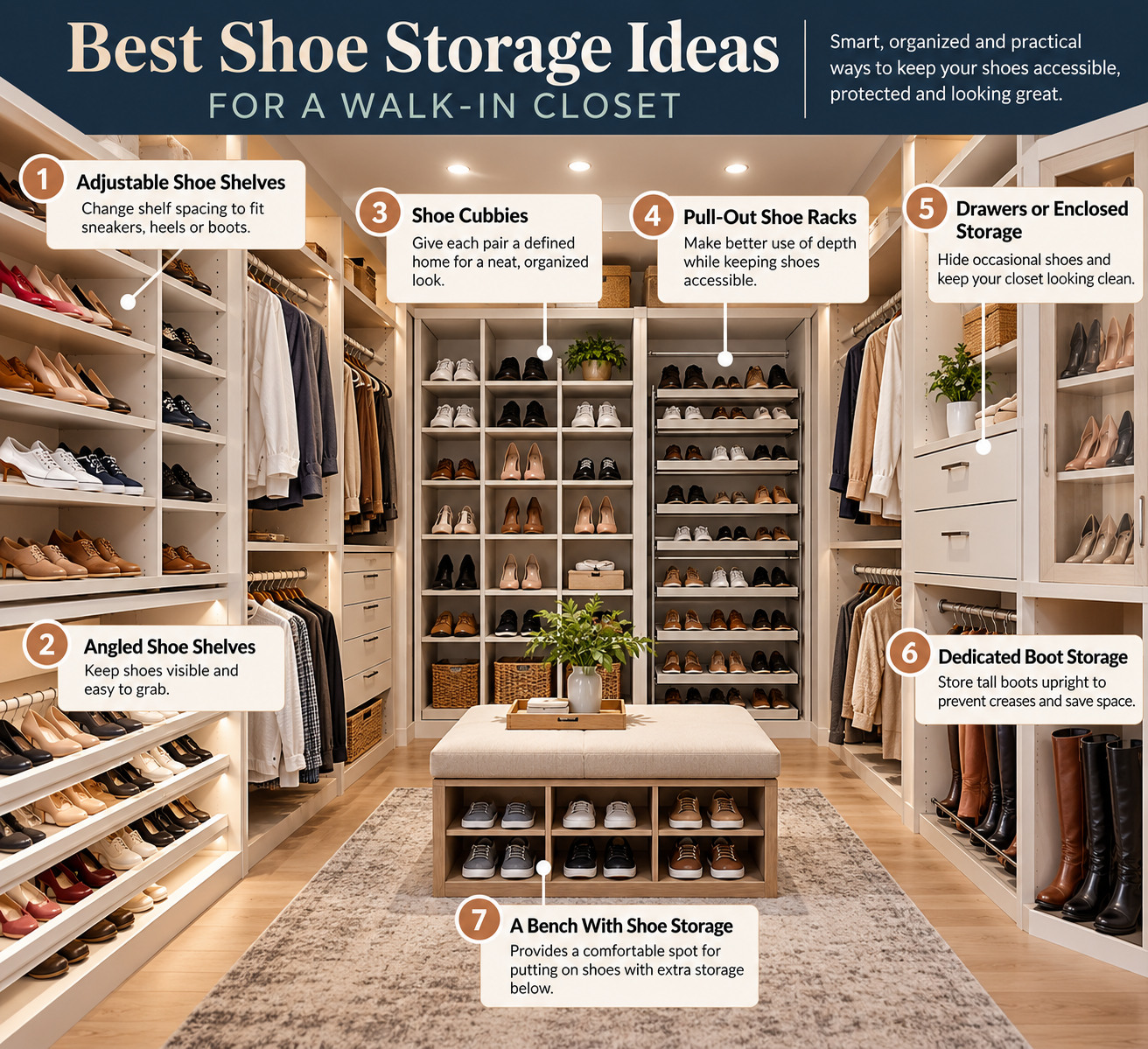 Best Shoe Storage Ideas for a Walk-In Closet Best shoe storage ideas for a walk-in closet featuring adjustable shelves, shoe cubbies, pull-out racks, drawers, and boot storage.