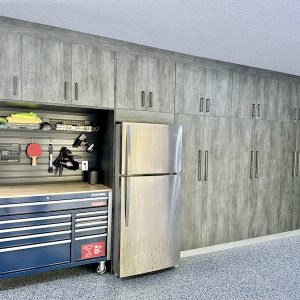 garage cabinet tool with equipment and fridge