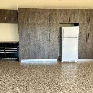 wide angle garage cabinet with tools chest and fridge